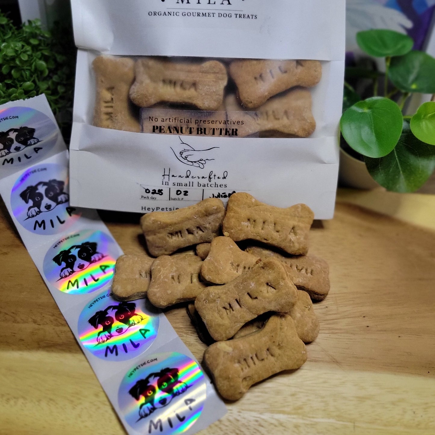 Unique gift for dog lovers with their pet’s face on the package and name stamped on the treats