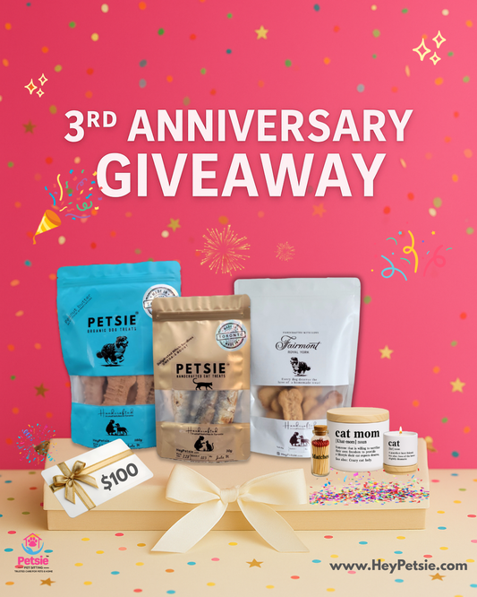 "Petsie anniversary giveaway poster with candles, treats, and gift card prizes