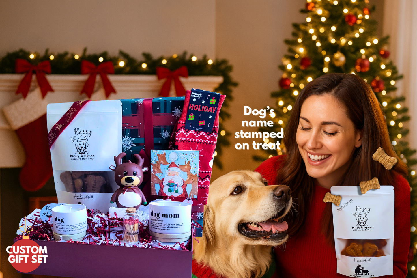 Christmas Personalized Gift Box for Dog Mom & Dog – Custom Treats, Socks, Candle Set, Dog Toy & Card