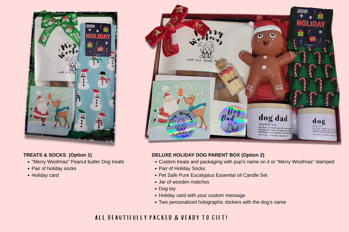 Christmas Personalized Gift Box for Dog Dad & Dog – Custom Treats, Socks, Candle, Toy & Card