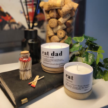 2 Pet safe candles with message Cat Dad definition and Cat definition