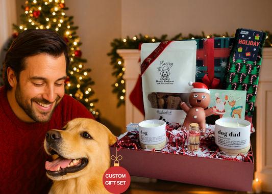 Christmas Personalized Gift Box for Dog Dad & Dog – Custom Treats, Socks, Candle, Toy & Card