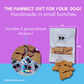 banner with cute dog stickers and white bag with personalized treats made by Heypetsie.com a pet sitting business n Toronto 