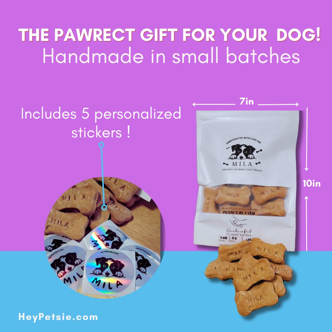 banner with cute dog stickers and white bag with personalized treats made by Heypetsie.com a pet sitting business n Toronto 
