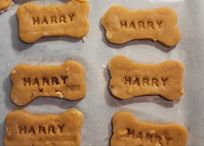 Handmade peanut butter dog treats with pet’s name