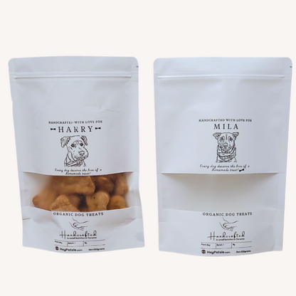 Personalized organic dog treats by HeyPetsie – handcrafted with pet names Harry and Mila on custom packaging, made in Toronto Canada