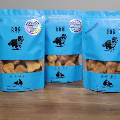 Sustainable dog treat in blue pouch 
